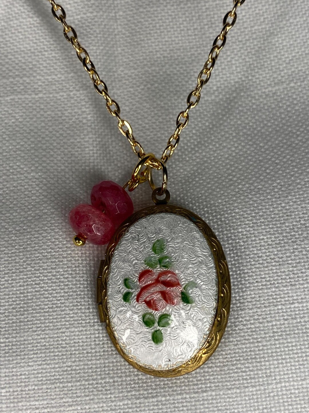 Floral Locket Necklace: Pink Rose, Gold Chain, Beaded Dangle - Etsy