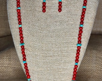 Long Genuine Sleeping Beauty Turquoise Chip and Red Coral Necklace and Earrings for Women