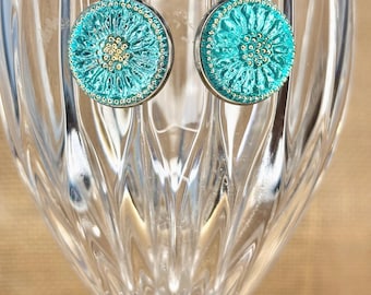 Green and Gold and Silver Czech Glass Flower Earrings
