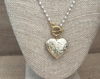 Floral Locket Necklace: Toggle on Gold Rosary Chain with Tiny White Beads
