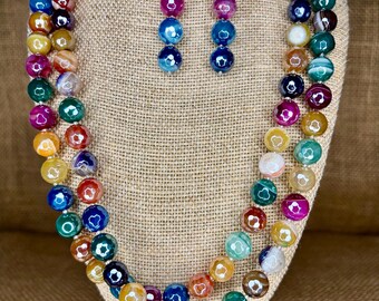 Colorful Faceted Agate Necklace and Earrings for Women
