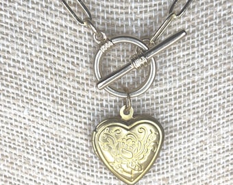 Floral Locket Necklace: Gold Paper Clip Chain and Toggle
