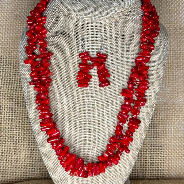 Red Coral Beaded Necklace & Sterling Silver Earrings: Boho Beach Jewelry