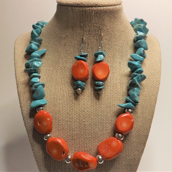 Turquoise necklace for women, Genuine chunky beaded southwestern, orange coral boho gemstone jewelry set, silver earrings, handmade gift her