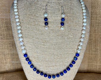 Blue Lapis Lazuli Freshwater Pearl Necklace and Earrings, Sterling Silver Set