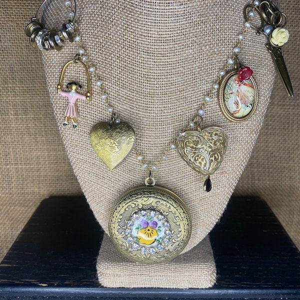 Locket Long Rosary Chain Charm Necklace for Women, Vintage Look, Floral Working Locket, Heart Charm, Pansy, Other Fun Charms