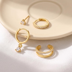 18K Gold füllte CZ Ohr-Stack-Set, Minimale Hoop-Bolzen-Ohrringe, Doppelschicht Huggie Ring Ohrringe, 4-teiliges Schmuckset Geschenk für Sie