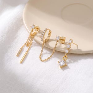 Conjunto de pendientes de circonita cúbica chapados en oro de 18 quilates, pendientes colgantes con cadena, pendientes de aro pequeños, joyería asimétrica para apilar pendientes, pendientes minimalistas para uso diario.