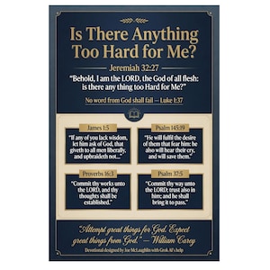 May include: A dark blue and cream poster featuring gold text with the title Is There Anything Too Hard for Me? and Bible verses including Jeremiah 32:27, Luke 1:37, James 1:5, Psalm 145:19, Proverbs 16:3, and Psalm 37:5, plus a quote by William Carey.