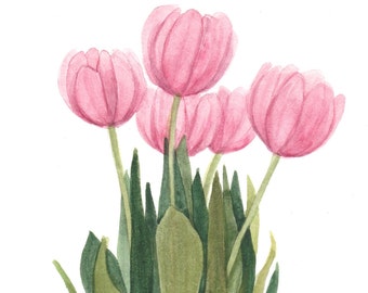 Pink Tulip Floral Note Cards Ensemble de quatre reproductions de peinture à l’aquarelle
