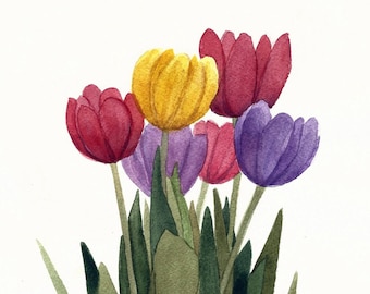 Multicolored Tulip Bunch Realistic Original Watercolor Painting