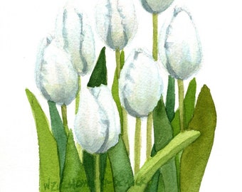 Mother's Day White Tulip Row Original Watercolor 5 x 7 by Wanda's Watercolors