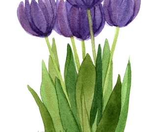 Mother's Day Purple Tulip Row Original Watercolor 5 x 7 by Wanda's Watercolors