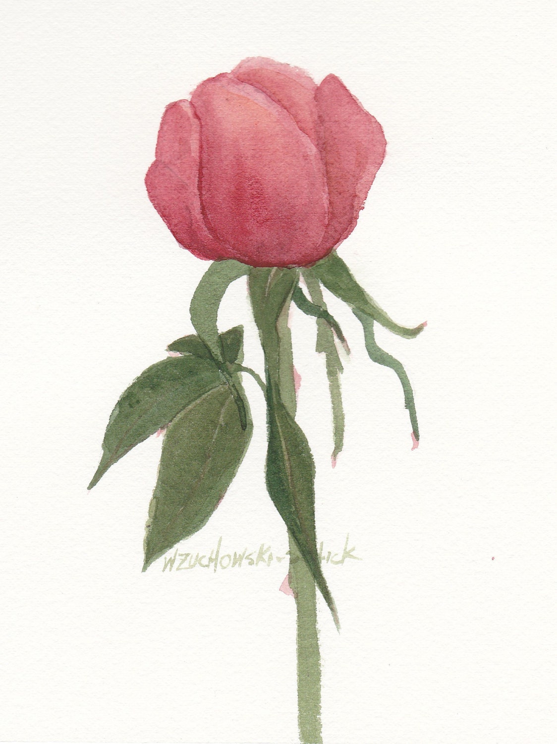 Pink Rose Bud Original Watercolor