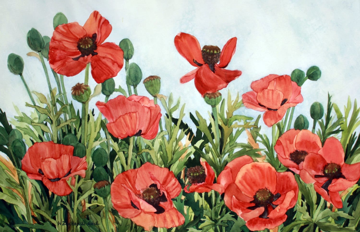 Red Poppy Field Painted With a Light Blue Background - Etsy