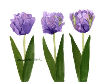 Ensemble de cinq cartes de correspondance florales tulipes pourpres, tulipes violettes, peinture aquarelle