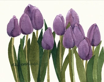 Purple Tulip Row Original Watercolor 5 X 7 by Wanda's | Etsy