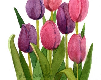 Mother's Day Pink and Purple Tulip Row Original Watercolor 5 x 7 by Wanda's Watercolors