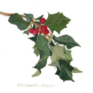 Set van zes 5 x 7 Holly Holiday blanco notitiekaarten * met enveloppen aquarel reproductie