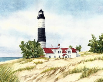 Faro de Big Sable en la reproducción de acuarela del lago Michigan