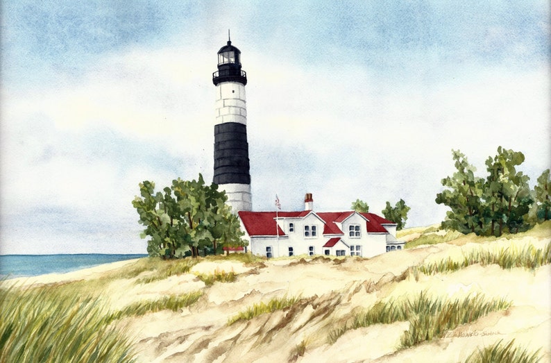 Big Sable Lighthouse on Lake Michigan Watercolor Reproduction image 1