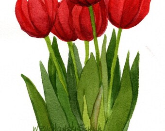 Mother's Day Red Tulip Garden Group Original Watercolor by Wanda Zuchowski-Schick