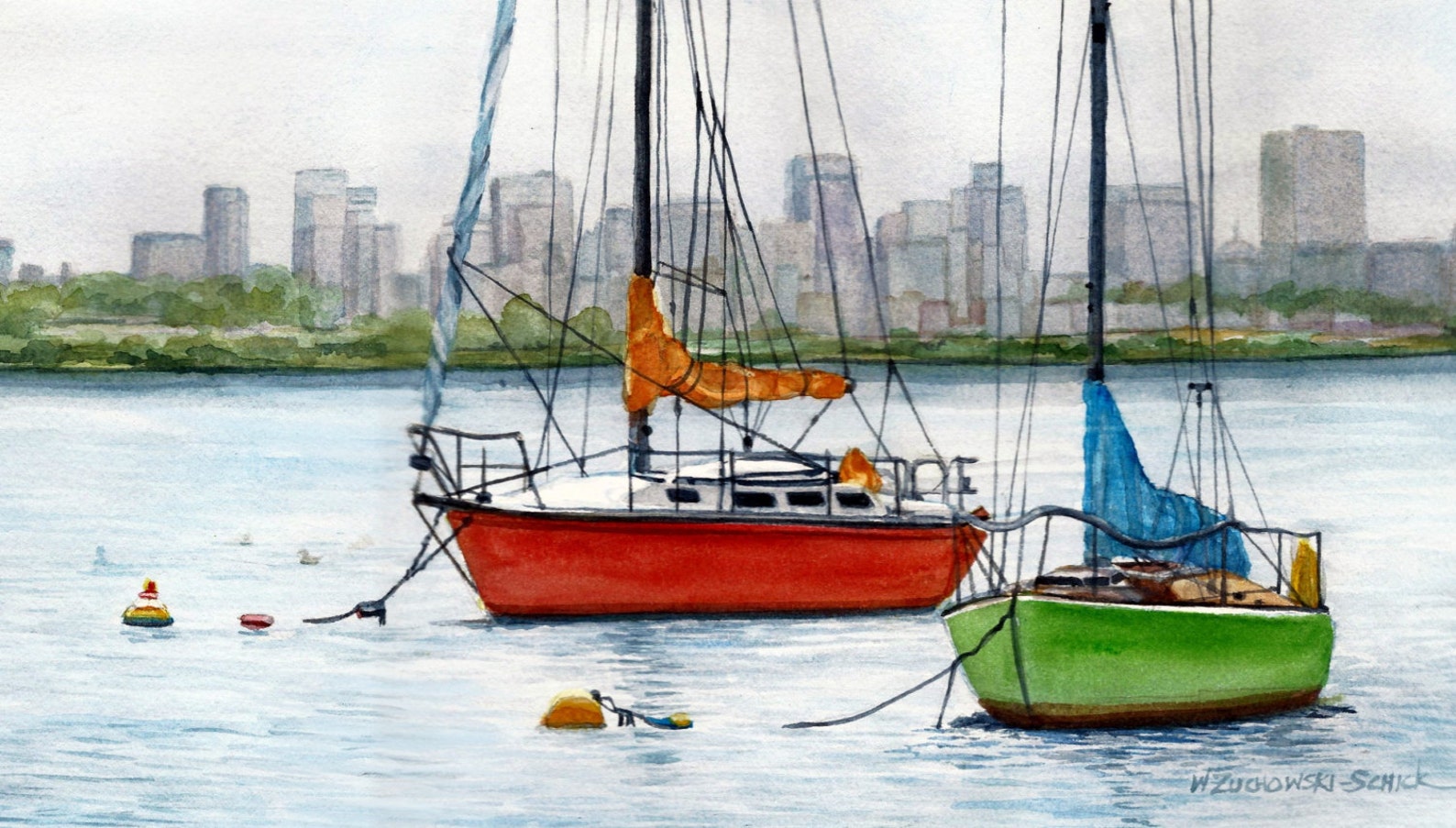 Boats in Boston Harbor Watercolor Reproduction Etsy