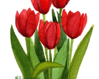 Mother's Day Red Tulip Garden Group Original Watercolor by Wanda Zuchowski-Schick