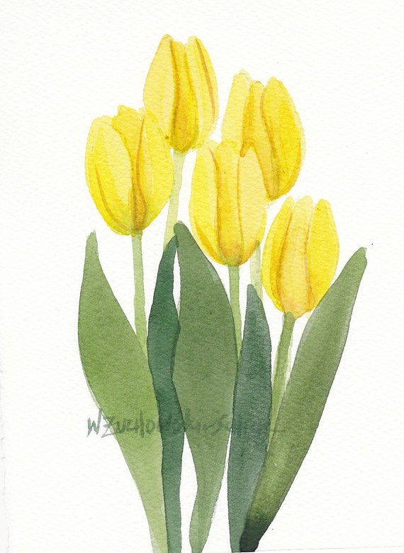 Bouquet de tulipe jaune 4 aquarelle originale - Etsy France