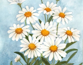 White Daisies Watercolor Painting Reproduction by Wanda's Watercolors