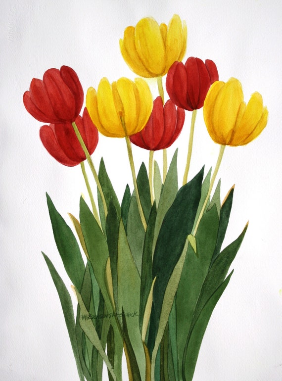 Tulipe rouge et jaune bouquet aquarelle originale par Wanda - Etsy France