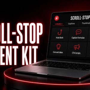 Può includere: Un laptop mostra il testo "SCROLL-STOP CONTENT KIT" in bianco, con una luce rossa. Lo schermo mostra un'interfaccia "SCROLL-STOP KIT" con opzioni come "Hook Bank" e "Caption Formulas". Lo sfondo è nero con accenti rossi.