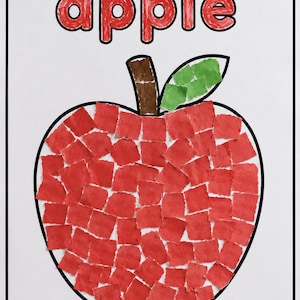 Puede incluir: Un proyecto de manualidades con el contorno de una manzana grande relleno de pequeños trozos cuadrados de papel rojo. El tallo es marrón y la hoja es verde, ambos hechos de cuadrados de papel. La palabra apple está escrita en rojo en la parte superior.