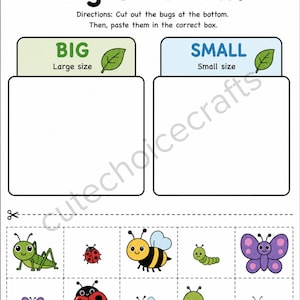 May include: Educational worksheet titled "Big or Small?" with instructions to cut and paste bug illustrations into the correct size boxes. Features a green grasshopper, red ladybug, yellow bee, green caterpillar, and purple butterfly.