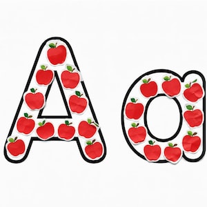 May include: Uppercase and lowercase letter A outlined in thick black, decorated with multiple small red apple cutouts. Each apple features a green leaf and a textured, slightly crumpled appearance, arranged along the shapes of the letters.