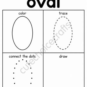 May include: A black and white educational worksheet titled I can make an oval. The page is divided into four sections labeled color, trace, connect the dots, and draw, each featuring an oval shape or space for practicing the oval form.
