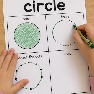 May include: A white educational worksheet titled I can make a circle with four sections labeled color, trace, connect the dots, and draw. The color section shows a green circle, the trace section shows a dashed circle, and the connect the dots section shows a circle of black dots.