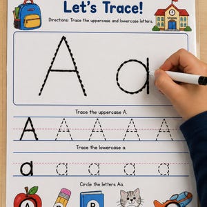 May include: A white educational worksheet titled Let's Trace! featuring a blue backpack and school building icon. It includes dashed uppercase and lowercase letter A examples for tracing, with illustrations of an apple, pencil, book, cat, and airplane.
