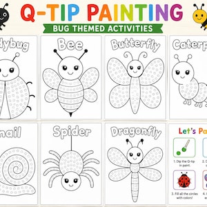May include: A colorful Q-Tip painting activity set featuring bug-themed illustrations. The set includes outlines of a ladybug, bee, butterfly, caterpillar, snail, spider, and dragonfly, along with paint and instructions. Perfect for kids' art projects.