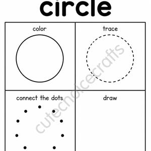 May include: A black and white educational worksheet titled I can make a circle. The page is divided into four sections labeled color, trace, connect the dots, and draw, each featuring a circle or a circular arrangement of dots for practice.