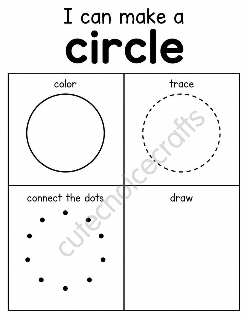 May include: A black and white educational worksheet titled I can make a circle. The page is divided into four sections labeled color, trace, connect the dots, and draw, each featuring a circle or a circular arrangement of dots for practice.