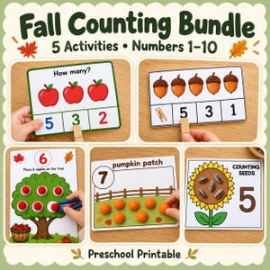 May include: A Fall Counting Bundle preschool printable set featuring five educational activities for numbers 1-10. The cards display colorful illustrations of apples, acorns, a tree, pumpkins, and a sunflower with seeds, designed for interactive counting.
