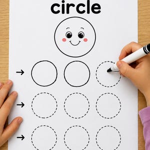 May include: A white educational worksheet with the text I can make a circle at the top. It features a large smiling circle face and three rows of circles, some solid and some dashed, with black arrows pointing to each row for tracing practice.
