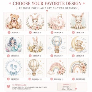 May include: A grid of 12 baby shower designs featuring illustrations of a teddy bear, bunnies, a swan, a mermaid, a hot air balloon, a bear on a moon, baby footprints, and rainbows. The text reads CHOOSE YOUR FAVORITE DESIGN and TO PERSONALIZE.