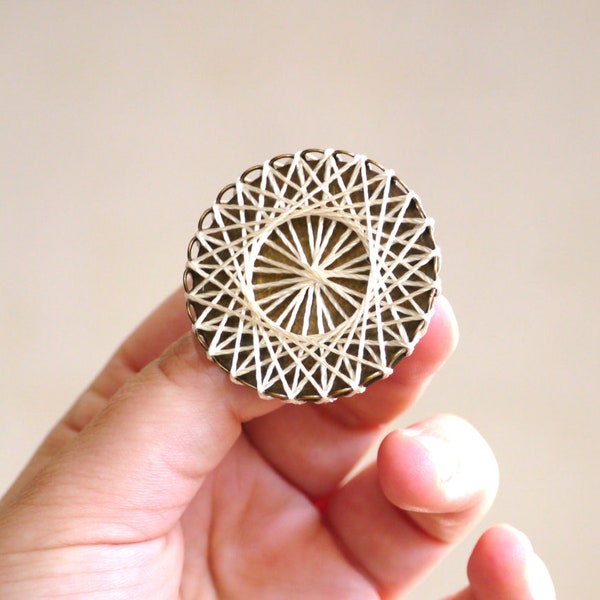 White Round Geometric Brooch with Spirograph Lines, Cotton Anniversary Gift