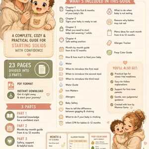 Könnte beinhalten: Ein digitaler Ratgeber für die Einführung von Beikost, illustriert mit einem Elternteil und Baby. Das Dokument umfasst 23 Seiten in 3 Teilen, inklusive Fütterungsplänen, Allergentabellen und einem Stuhlgang-Ratgeber mit detaillierten Kapiteln.