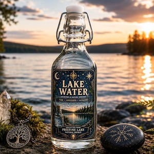 May include: A clear glass bottle with a swing-top stopper containing liquid. The label features the text LAKE WATER, COLLECTED AS NATURE INTENDS, PURE UNFILTERED UNTOUCHED, NATURAL WATER COLLECTION, and COLLECTED FROM PRISTINE LAKE NATURAL SOURCE.