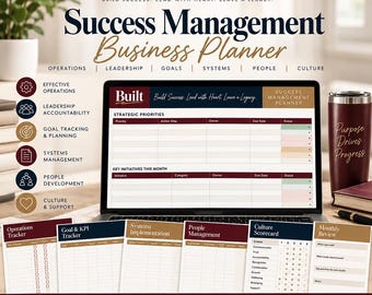 Könnte beinhalten: Ein Built Success Management Business Planner auf einem Laptop-Bildschirm mit sechs gedruckten Arbeitsblättern, darunter Operations Tracker, Goal & KPI Tracker, Systems Implementation, People Management, Culture Scorecard und Monthly Review.