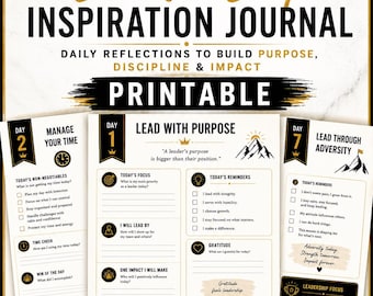 Könnte beinhalten: Ein druckbares 10-Tage-Führungskräfte-Inspirationsjournal mit schwarzem und goldenem Text sowie Kronensymbolen. Die Seiten enthalten tägliche Reflexionsfragen, Zielsetzungen und motivierende Zitate für Führungskräfte.