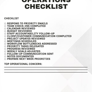 以下が含まれることがあります： 「WEEKLY OPERATIONS CHECKLIST」と題された白いチェックリスト。タスクには「優先度の高いメールへの対応」や「来週の優先事項の準備」が含まれています。テキストは太字の黒色です。